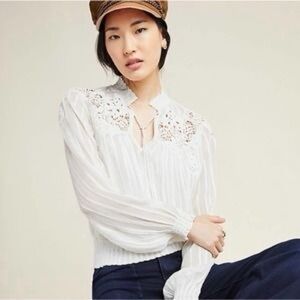 White Lace Yoke Long-Sleeve Women's Blouse